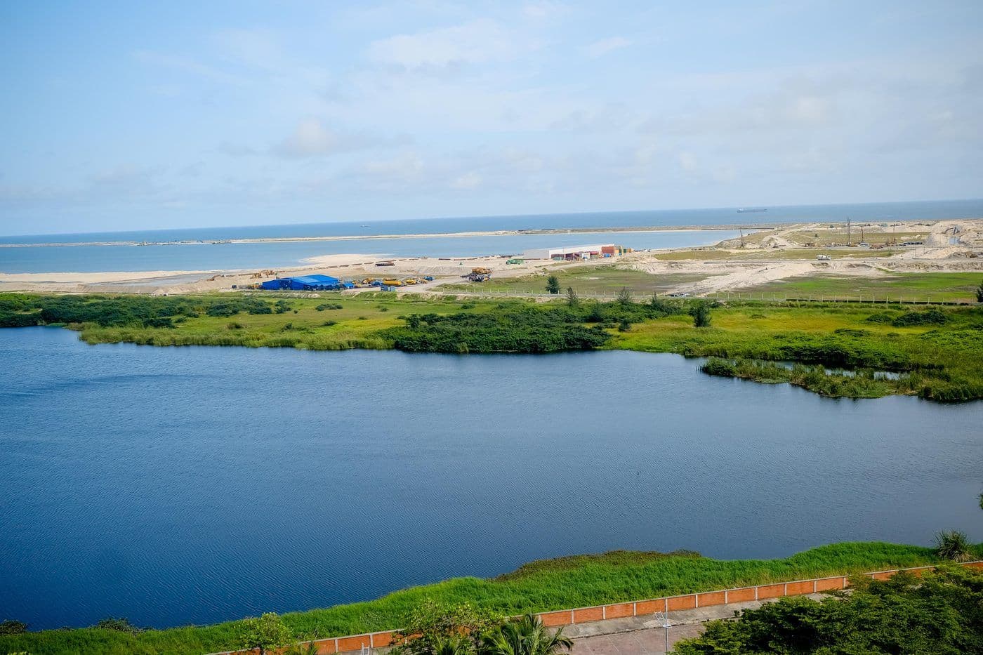 A coastal lagoon seen from the air, with sandbanks and mangrove.